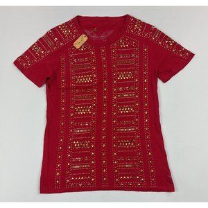 Robins Jean Mens Large Red Gold Studded Embellished Crew Short Sleeve T Shirt